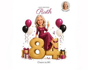 84th Birthday Caricature for Woman — Personalized Cartoon Portrait, Digital Keepsake