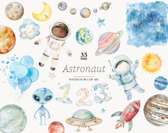 May include: Watercolor clip art set of 35 astronaut themed illustrations. Includes planets, stars, a spaceship, a cloud, a sun, an alien, and numbers 1, 2, and 3.  The illustrations are in a variety of colors, including blue, green, yellow, orange, and red.