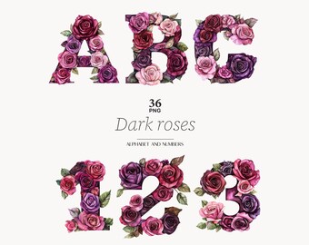 Dark roses alphabet and numbers png Burgundy and purple roses letters flowers alphabet floral letters clipart Romantic png Instant Download
