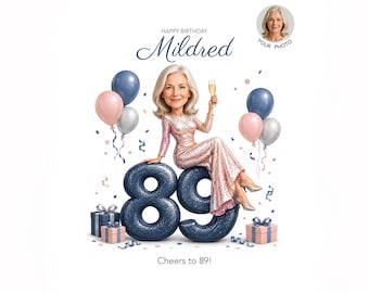 89th Birthday Caricature for Woman — Custom Cartoon Portrait, Personalized Digital Keepsake