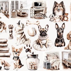 May include: Watercolor illustrations of various dog breeds, including a Sheltie, Pomeranian, and French Bulldog. The image also features dog beds, toys, and a decorative jar with dog treats. The overall theme is pet-related.