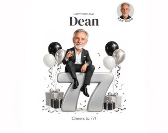 77th Birthday Caricature for Him — Personalized Cartoon Portrait, Digital Download, Gift for Dad