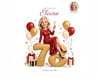 78th Birthday Caricature for Her — Personalized Cartoon Portrait, Printable Digital Download