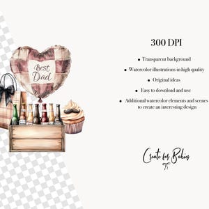 May include: Watercolor illustration featuring a heart-shaped balloon with "Best Dad" text, a gift bag, a cupcake with a mustache, and a wooden crate with various bottles. The image has a transparent background.