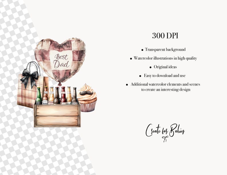May include: Watercolor illustration featuring a heart-shaped balloon with "Best Dad" text, a gift bag, a cupcake with a mustache, and a wooden crate with various bottles. The image has a transparent background.