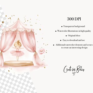 Op de afbeelding: Een aquarel-illustratie van een ballerina in een roze tutu die op een podium staat onder een roze tent met gouden accenten. De achtergrond is transparant.