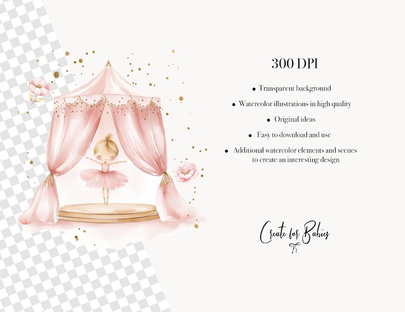 Op de afbeelding: Een aquarel-illustratie van een ballerina in een roze tutu die op een podium staat onder een roze tent met gouden accenten. De achtergrond is transparant.