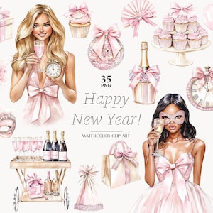 Clip art di Capodanno oro rosa Festa di Capodanno clipart Coquette Capodanno 2025 PNG Festa rosa Ragazze nere clip art Download immediato