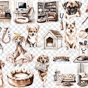 May include: Watercolor illustrations of various dog breeds and dog-related items. The image includes a Dalmatian, Corgi, Golden Retriever, Pug, Beagle, and other dogs. Accessories include dog beds, food bowls, a dog house, and a dog grooming brush.