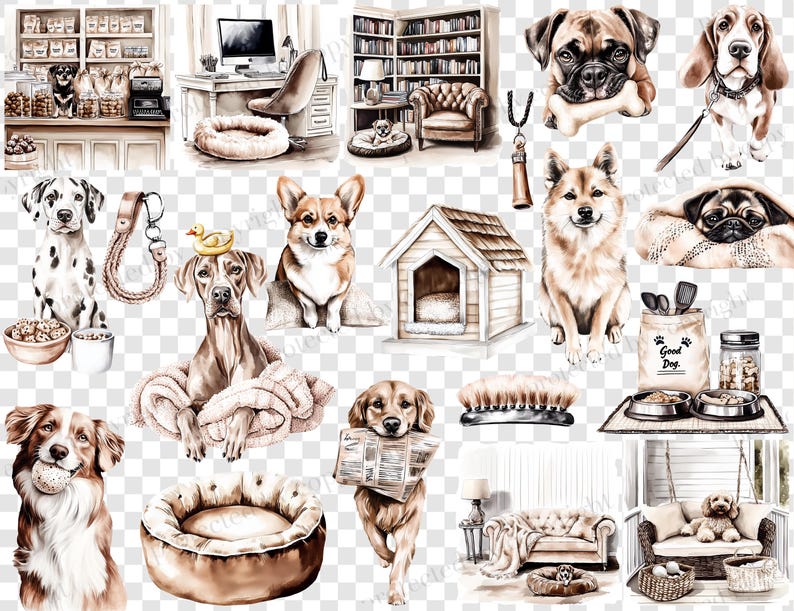 May include: Watercolor illustrations of various dog breeds and dog-related items. The image includes a Dalmatian, Corgi, Golden Retriever, Pug, Beagle, and other dogs. Accessories include dog beds, food bowls, a dog house, and a dog grooming brush.