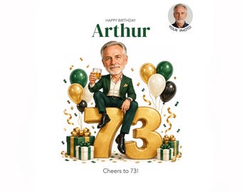 73rd Birthday Caricature for Him — Personalized Cartoon Portrait, Custom Digital Download