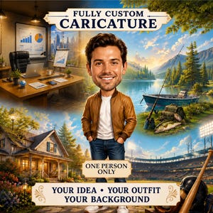 Può includere: Un'illustrazione digitale di una caricatura che mostra una persona con una testa grande e un corpo realistico che indossa una giacca marrone, una maglietta bianca e jeans blu. Il testo recita FULLY CUSTOM CARICATURE, ONE PERSON ONLY, YOUR IDEA • YOUR OUTFIT • YOUR BACKGROUND.