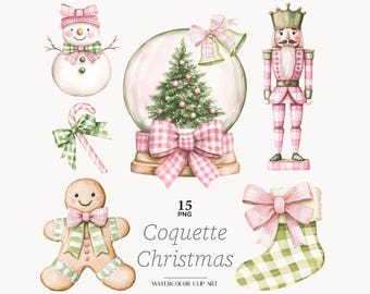 Coquette Christmas clipart Preppy Christmas clip art pink green Christmas girly pink Christmas illustrations grandmellinial Digital Download