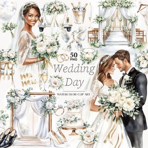 Könnte beinhalten: Aquarell-Clip-Art-Set mit Hochzeitsmotiven. Enthält Braut und Bräutigam, Blumensträuße, einen Hochzeitsbogen, Kuchen, Champagner und den Text "Wedding Day". Die Farbpalette ist weich, mit weißen, grünen und goldenen Akzenten.