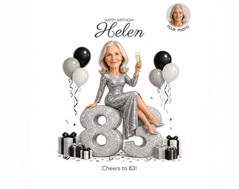 83rd Birthday Caricature for Woman — Custom Cartoon Portrait, Personalized Digital Keepsake
