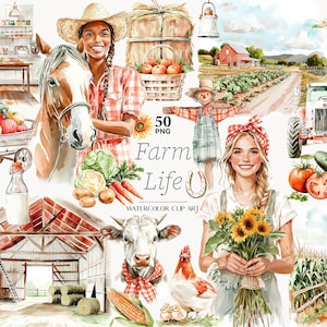 Op de afbeelding: Waterverfillustraties van het boerenleven, met een vrouw met een paard, een tractor, een vogelverschrikker en verschillende boerderijdieren. De afbeelding bevat de tekst "Farm Life" en "Watercolor Clip Art". Pompoenen, groenten en zonnebloemen zijn ook afgebeeld.