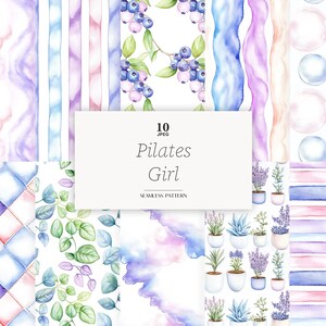 May include: A collection of watercolor seamless patterns in shades of blue, purple, and pink. Designs include stripes, bubbles, floral elements, and geometric shapes. The text "Pilates Girl" is displayed on a white background.