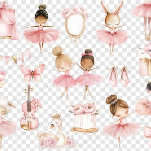 Op de afbeelding: Een set aquarel illustraties met een ballerina thema. De set bevat een ballerina met een kroon, een zwaan, een vlinder, een viool, een taart, een konijn, een tent, een vlag, een cadeaudoos, een paar balletten en een zwaan met een kroon.
