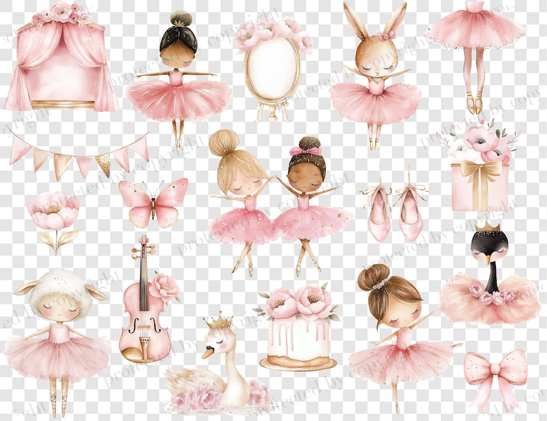 Op de afbeelding: Een set aquarel illustraties met een ballerina thema. De set bevat een ballerina met een kroon, een zwaan, een vlinder, een viool, een taart, een konijn, een tent, een vlag, een cadeaudoos, een paar balletten en een zwaan met een kroon.