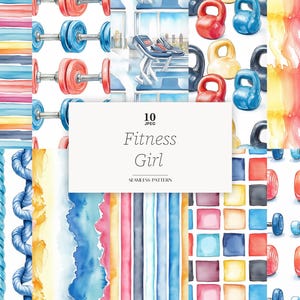 Puede incluir: Un patrón de acuarela con equipos de fitness como pesas y kettlebells en rojo, azul y amarillo. El diseño incluye el texto "Fitness Girl" y varias texturas de acuarela, ideal para productos temáticos de fitness.