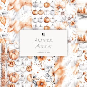 May include: A collection of 10 digital seamless patterns with an autumn theme. The patterns feature watercolor illustrations of pumpkins, leaves, flowers, and landscapes in shades of orange, white, and gray. The text "Autumn Planner" is displayed.