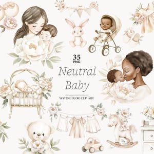 Imágenes prediseñadas de baby shower neutrales para invitación Clipart de hitos de bebé beige Clipart de guardería lindo bebé y mamá png recién nacido Descarga instantánea
