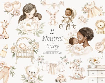 Neutral Nursery Watercolor Clipart - 24 PNG Room Decor in Beige & Brown ...