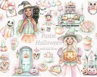 Clipart de Halloween pastel, ilustraciones PNG de brujas (descarga digital)