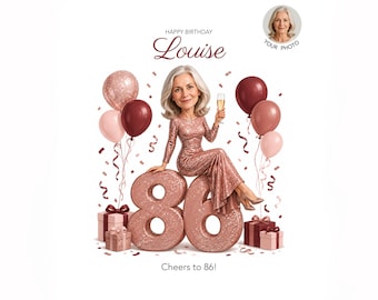 86th Birthday Caricature for Her — Personalized Cartoon Portrait, Digital Download