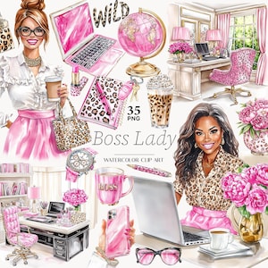 Boss Lady clipart Black Boss Lady illustraties Afro-Amerikaanse baas vrouw clipart zakenmeisje clipart zakenvrouw png roze planner clipart