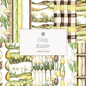 Op de afbeelding: Een verzameling naadloze aquarelpatronen met een Paasthema. De patronen bevatten afbeeldingen van tulpen, paaseieren, landschappen en houten hekken. De tekst "Cozy Easter" wordt weergegeven op een witte achtergrond. De patronen zijn in tinten geel, bruin en groen.