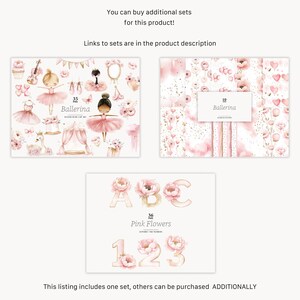 Op de afbeelding: Een digitale clipartset met roze aquarel illustraties van ballerina's, bloemen en letters. De set bevat een ballerina met een roze tutu, een roze bloemenpatroon en een set roze bloemen met letters en cijfers.