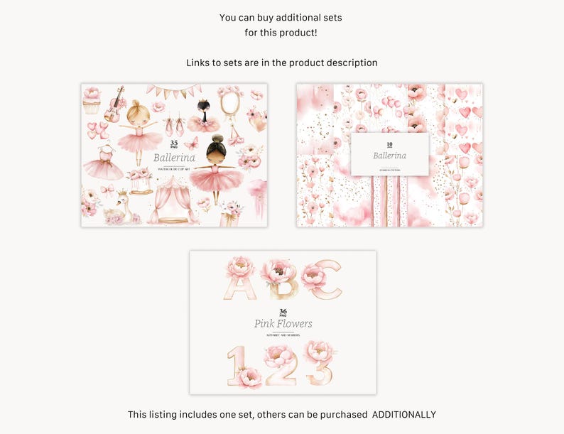 Op de afbeelding: Een digitale clipartset met roze aquarel illustraties van ballerina's, bloemen en letters. De set bevat een ballerina met een roze tutu, een roze bloemenpatroon en een set roze bloemen met letters en cijfers.