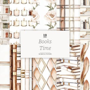 Può includere: Un collage di arte digitale con vari motivi senza cuciture. I motivi includono librerie, candele accese, composizioni floreali, disegni a quadri e forme geometriche. Il testo "Books Time" è visualizzato su sfondo bianco.