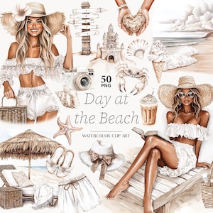 Neutrale strand-illustraties, beige zomer clipart, tropisch strand afbeeldingen, zomer meisje PNG, zwarte vrouw clipart voor scrapbooking, digitale download