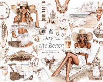 Neutral Beach clip art, Beige Summer Clipart, Tropical Beach Images, Summer Girl PNG, Black Woman clipart for Scrapbooking, Digital Download