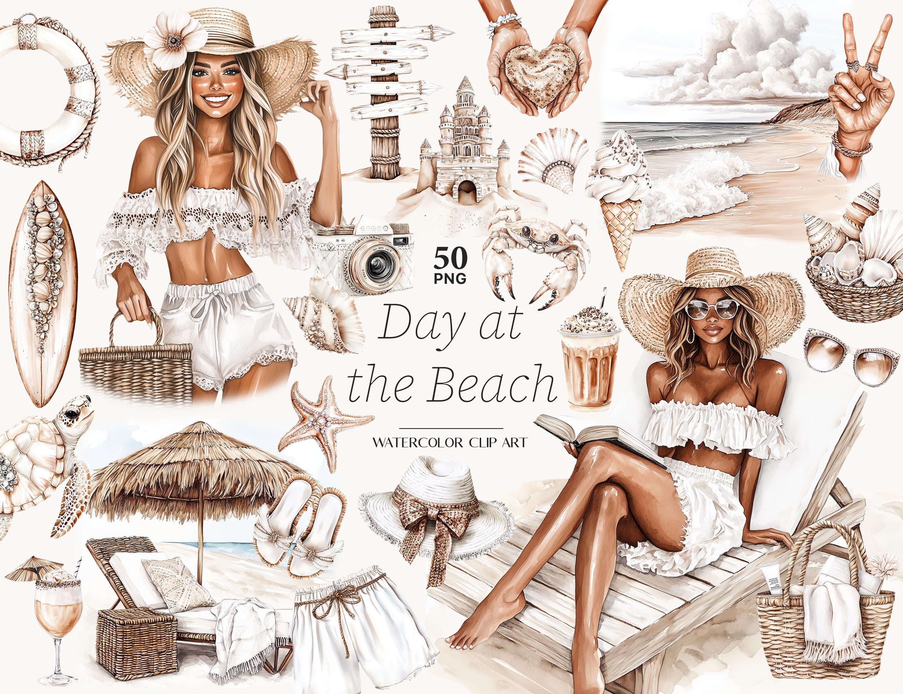 Neutral Beach clip art, Beige Summer Clipart, Tropical Beach Images, Summer Girl PNG, Black Woman clipart for Scrapbooking, Digital Download