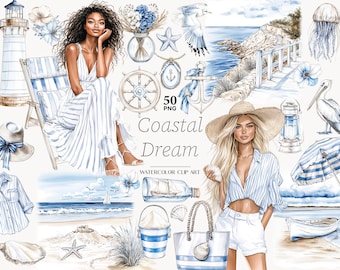 Coastal Girls Clipart Beach Ocean Nautical PNG Seaside Summer Illustrations for Nautical