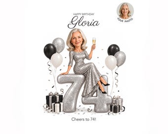 Custom 74th Birthday Caricature for Her — Personalized Cartoon Portrait, Printable Digital Download