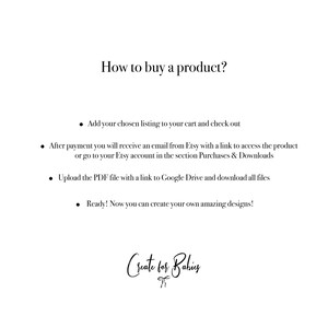 May include: A text-based image explaining how to buy a product on Etsy. The steps include adding the product to your cart, checking out, and downloading the digital file from Etsy or Google Drive.