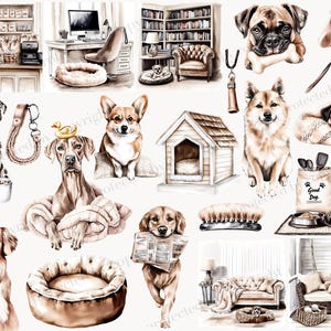 May include: Watercolor illustrations of various dog breeds, including a Dalmatian, Corgi, and Golden Retriever. The image also features dog beds, a dog house, and accessories like a leash and food bowls. The overall theme is pets and home decor.