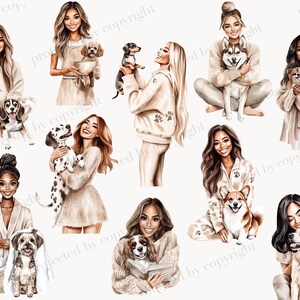 May include: Watercolor illustrations of women with their dogs. The women are depicted in various poses, wearing casual outfits, and interacting with different dog breeds. The overall color palette is soft and warm, with beige and brown tones.