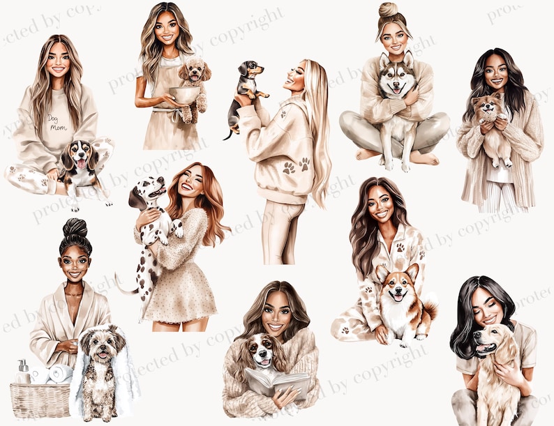 May include: Watercolor illustrations of women with their dogs. The women are depicted in various poses, wearing casual outfits, and interacting with different dog breeds. The overall color palette is soft and warm, with beige and brown tones.