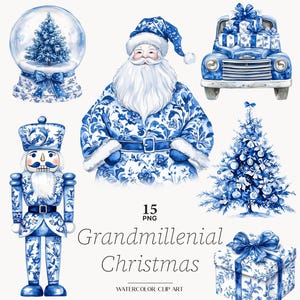 Clipart Noël grand-millénaire Toile de Noël png Chinoiserie Clipart Noël bleu blanc Image de Noël preppy téléchargement immédiat