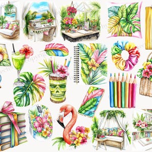 May include: Watercolour illustrations of tropical items. Includes a flamingo, a tiki-style skull cup, a stack of books with a pink bow, a computer mouse, a lamp, a cocktail, a notebook, a scrunchie, a basket, and a clipboard.