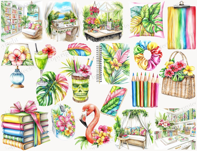 May include: Watercolour illustrations of tropical items. Includes a flamingo, a tiki-style skull cup, a stack of books with a pink bow, a computer mouse, a lamp, a cocktail, a notebook, a scrunchie, a basket, and a clipboard.