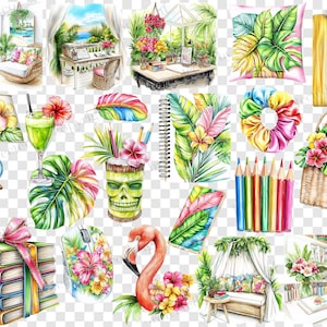 May include: Watercolour illustrations of tropical items. Includes a stack of books with a pink bow, a flamingo, a tiki-style glass, a computer mouse, a lamp, a cocktail, a notebook, a basket, a pillow, and pencils.