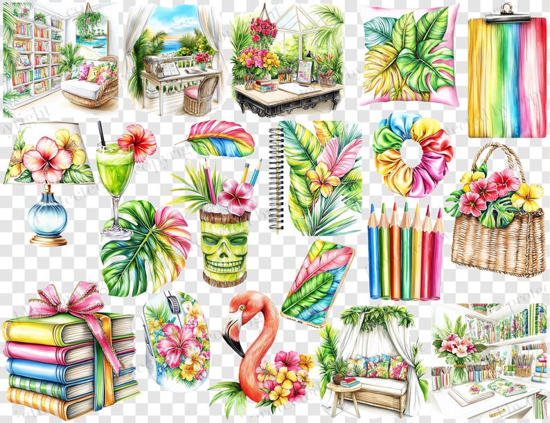 May include: Watercolour illustrations of tropical items. Includes a stack of books with a pink bow, a flamingo, a tiki-style glass, a computer mouse, a lamp, a cocktail, a notebook, a basket, a pillow, and pencils.