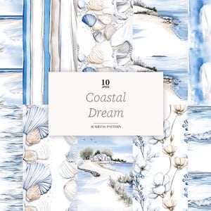 May include: A collection of watercolor seamless patterns with a coastal theme. The patterns feature seashells, beach scenes, and floral designs in shades of blue, beige, and white. The text "Coastal Dream" is displayed on a white rectangle.
