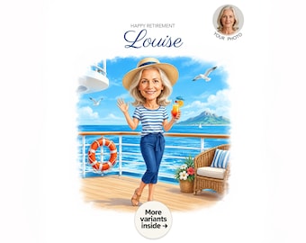 Custom Retirement Caricature for Her — Personalized Cartoon Portrait, Digital Download